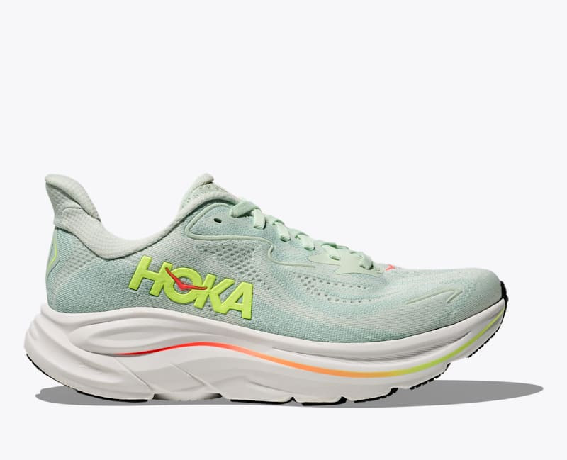 HOKA Women's Clifton 10 Shoes in Sea Glass/Neon Flame, Size 6.5 W | Hoka One US