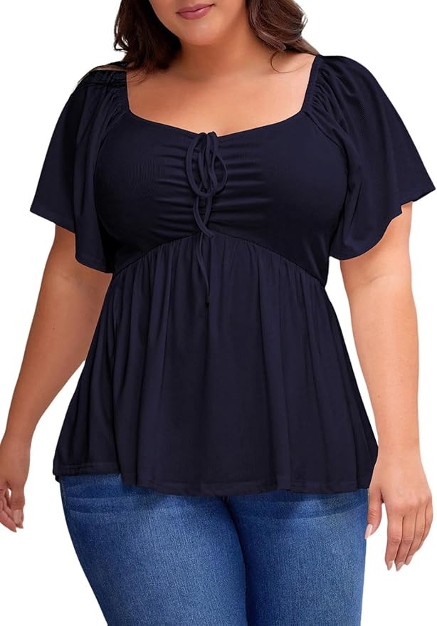 Eytino Womens Plus Size Tops Short Sleeve Sweetheart Neck Shirred Peplum Blouse Shirts(1X-5X) | Amazon (US)