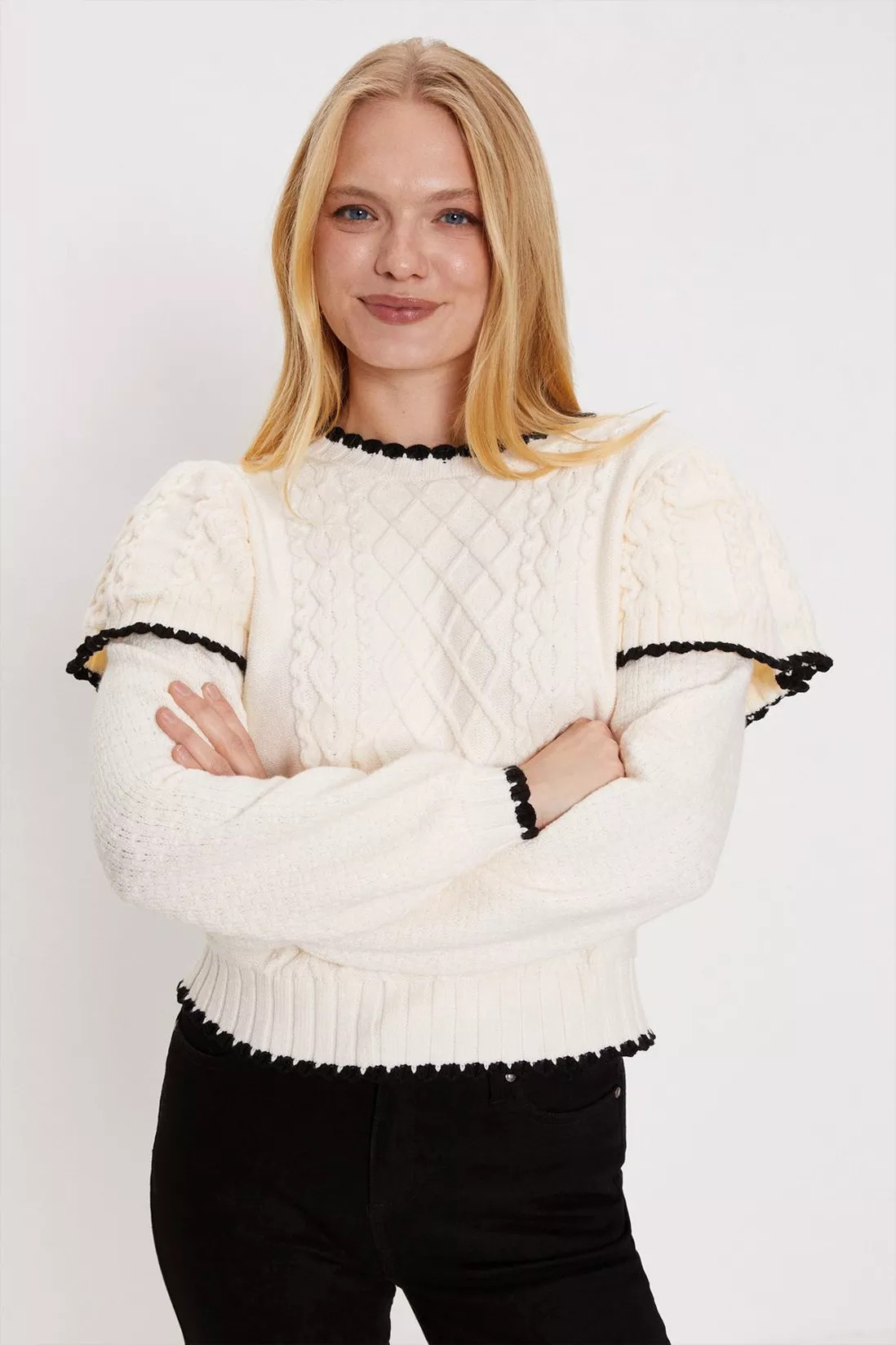 Tipped Frill Detail Cable Stitch Jumper | Oasis UK & IE