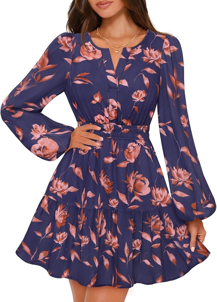 MEROKEETY Fall Wedding Guest Dresses for Women Long Sleeve Floral Casual Lightweight Flowy Swing ... | Amazon (US)