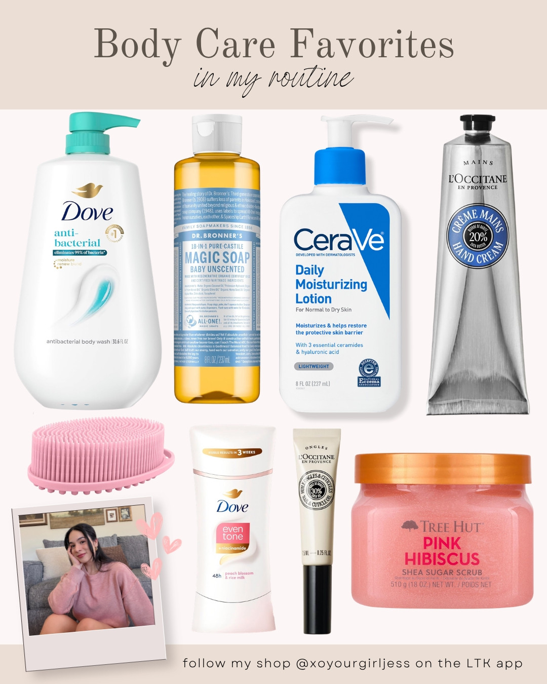 BODY CARE FAVORITES IN MY ROUTINE 🧼 body care favorites, body care routine, body care products, body care essentials, body care must haves, everyday body care, body care routine for soft skin, soft skin routine, smooth skin routine, moisturizing body care, hydrating body care, self care routine, shower routine, everything shower, body wash, body lotion, body moisturizer, body scrub, sugar scrub, hand cream, hand care routine, body exfoliation, exfoliating body scrub, pink hibiscus scrub, Dove body wash, Dr Bronner’s soap, CeraVe body lotion, L’Occitane hand cream, Tree Hut body scrub, affordable body care, drugstore body care, body care favorites 2026, body care recommendations, body care products worth trying, self care favorites, shower essentials, skincare for body, glowing skin, soft skin essentials, beauty favorites, beauty routine, everyday self care, body care inspiration,  

 #LTKgrwm #LTKootd #LTKselfcare