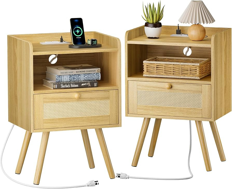 SUPERJARE Nightstands Set of 2, Night Stands with Charging Station & PE Rattan Decor Drawer, Bed ... | Amazon (US)