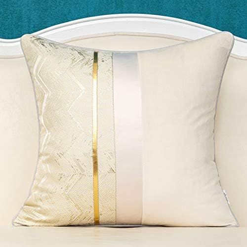 Alerfa 18 x 18 Inch Light Beige White Geometric Striped Gold Leather Patchwork Velvet Cushion Cas... | Amazon (US)