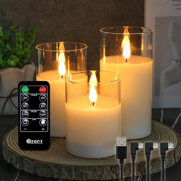Rechargeable Flameless Glass Pillar Candles–Gifts for Women–Set of 3, Realistic Flickering LE... | Amazon (US)