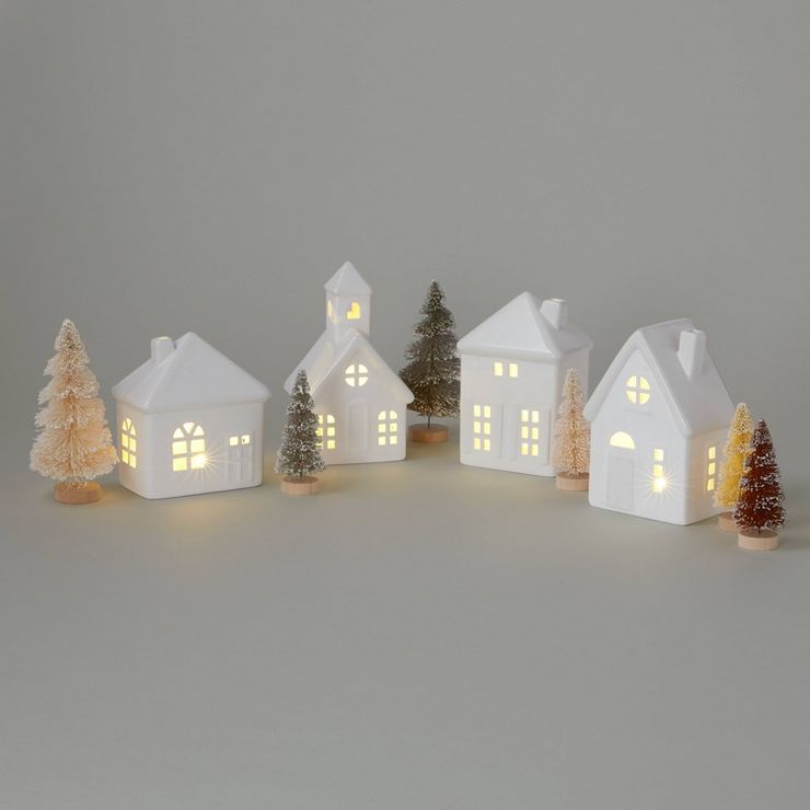 10pc Battery Operated Decorative Ceramic Village Kit White with Neutral Trees - Wondershop&#8482; | Target