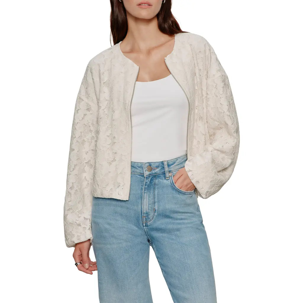 Sanctuary Leila Lace Bomber Jacket in Collagen White at Nordstrom, Size X-Large | Nordstrom