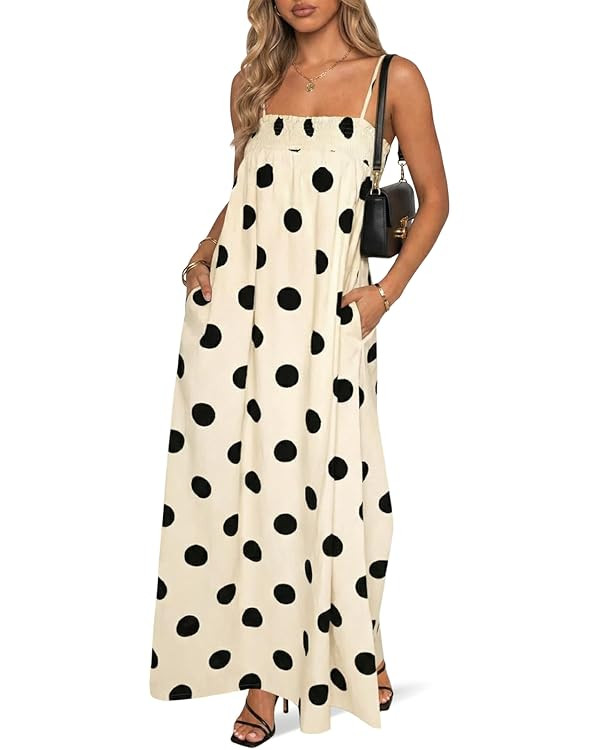 Wenrine Womens Summer Polka Dot Maxi Dress Casual Spaghetti Strap Smocked Loose Vacation Beach Dr... | Amazon (US)