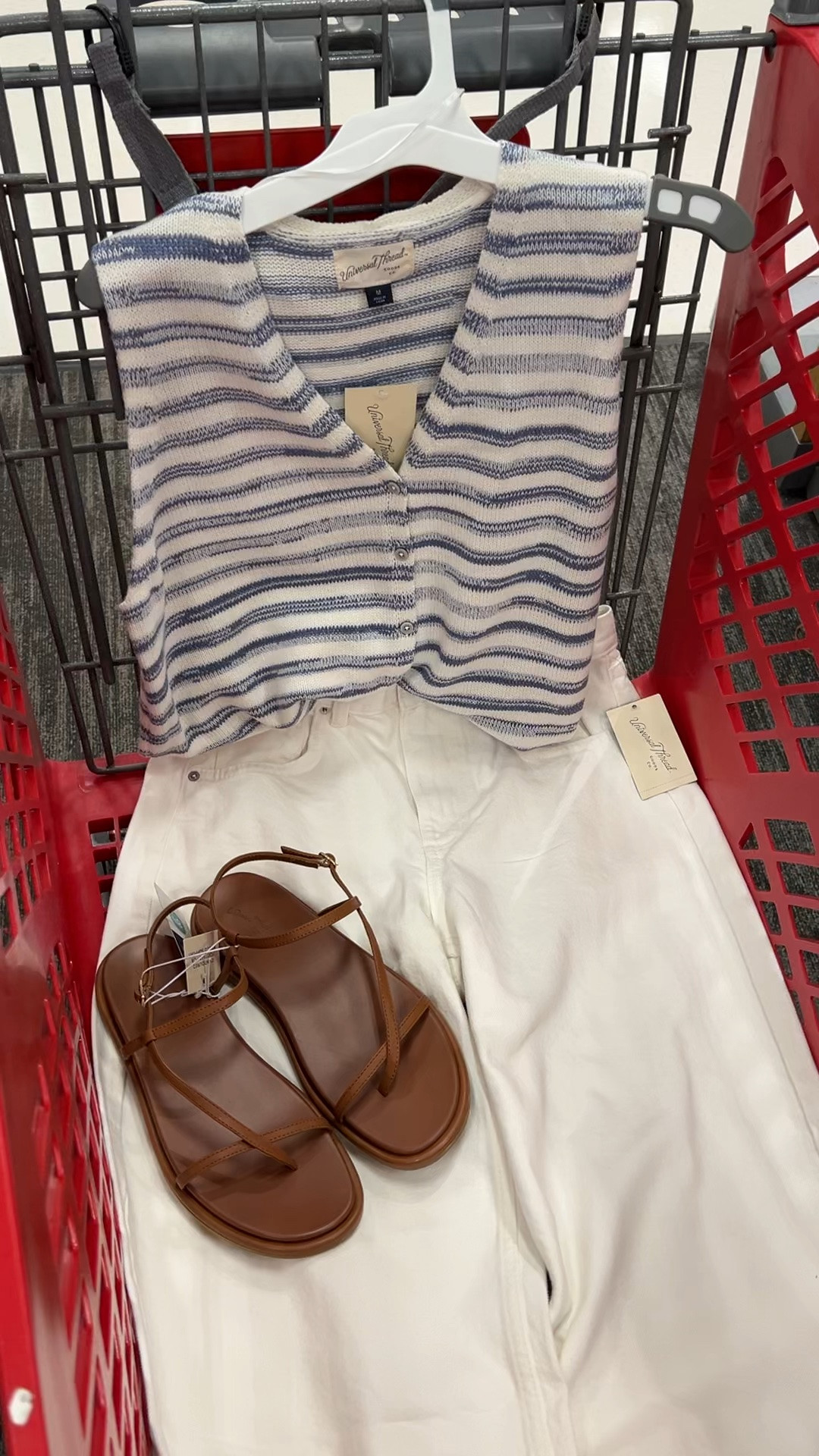 Sleeveless sweater vest top tank at target, super soft and regular bra friendly, also comes in red stripe. Paired with white denim like these barrel jeans and minimal cognac sandals (super cute in person). #targetstyle
