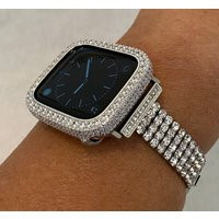 Silver Apple Watch Band Bracelet Womens Swarovski Crystals & Or Case Lab Diamond Bezel For Iphone 38mm-49mm Ultra Bling | Etsy (US)