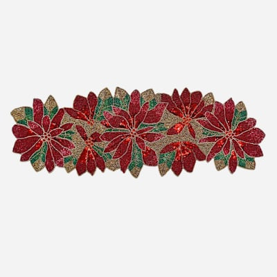 Red & Green Beaded Poinsettia Table Runner, 36x13 | At Home