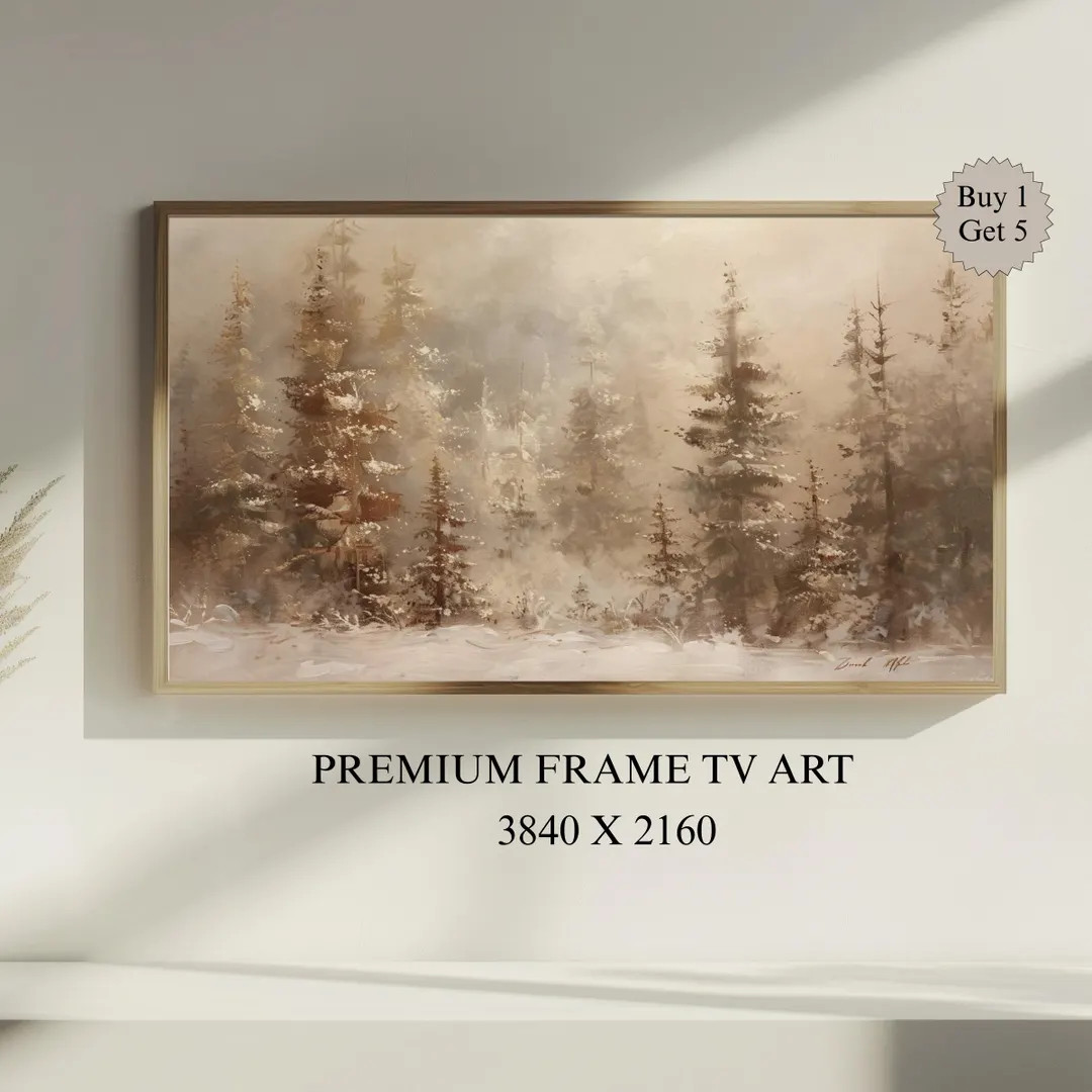 Golden Christmas Trees Frame Tv Art, Neutral Beige Holiday Winter Landscape Forest Painting Tv Di... | Etsy (US)