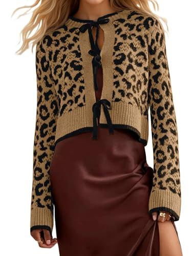 Lenader Women Leopard Print Cardigan Sweaters Bow Tie Open Front Cropped Cardigan Outerwear Long Sleeve Knit Cardigan Sweater Apricot | Amazon (US)