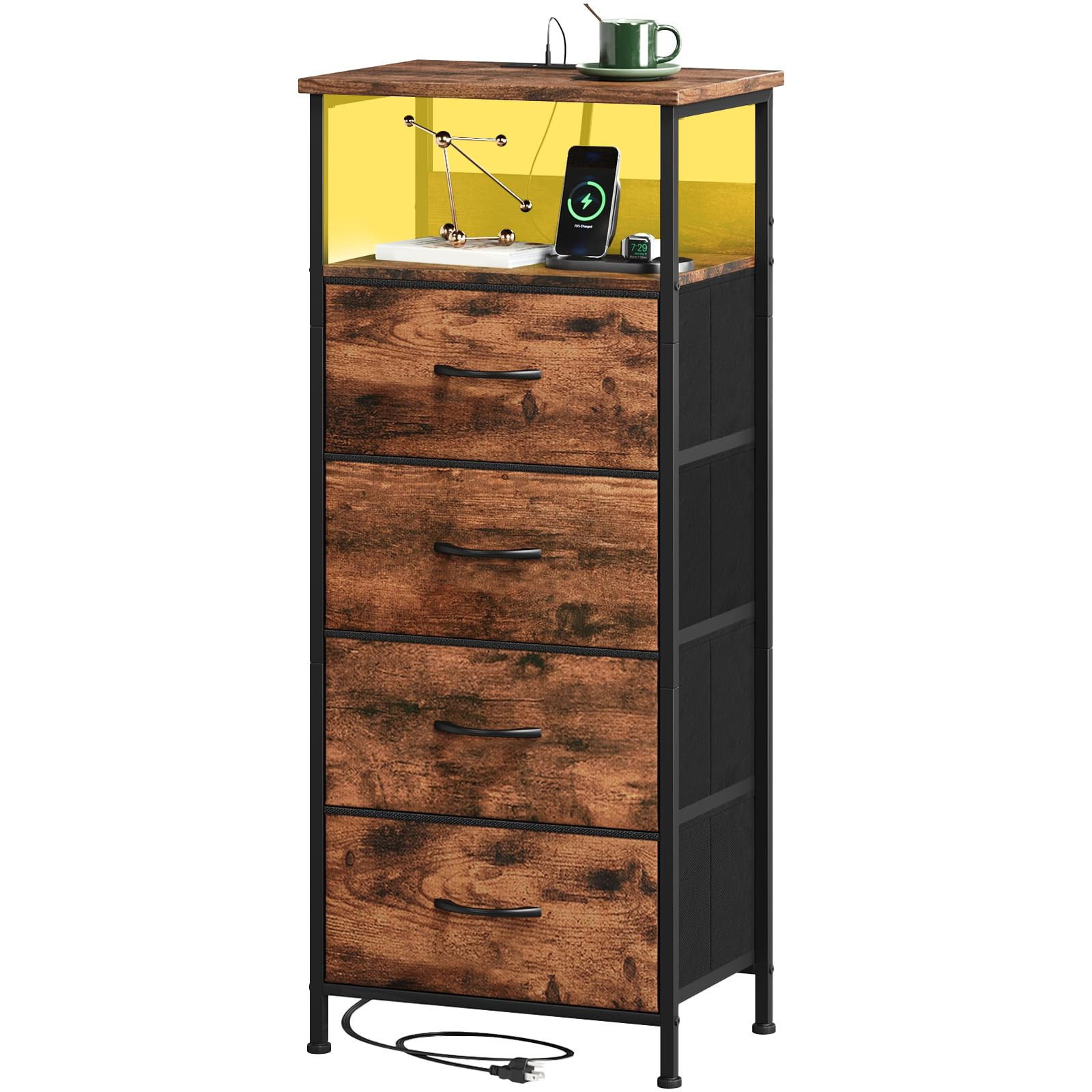 Somdot Tall Nightstand with Charging Station and LED Light for Bedroom, 4 Drawers Dresser with Fa... | Amazon (US)