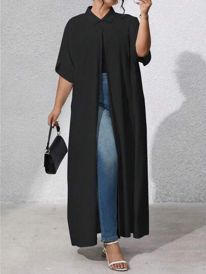 EMERY ROSE Summer Holiday Elegant Going Out Top Long Style Black Short -Sleeve Plus-Size Shirt | SHEIN