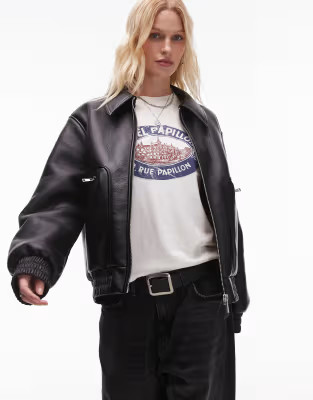 Topshop faux leather shearling bomber jacket in black | ASOS (Global)