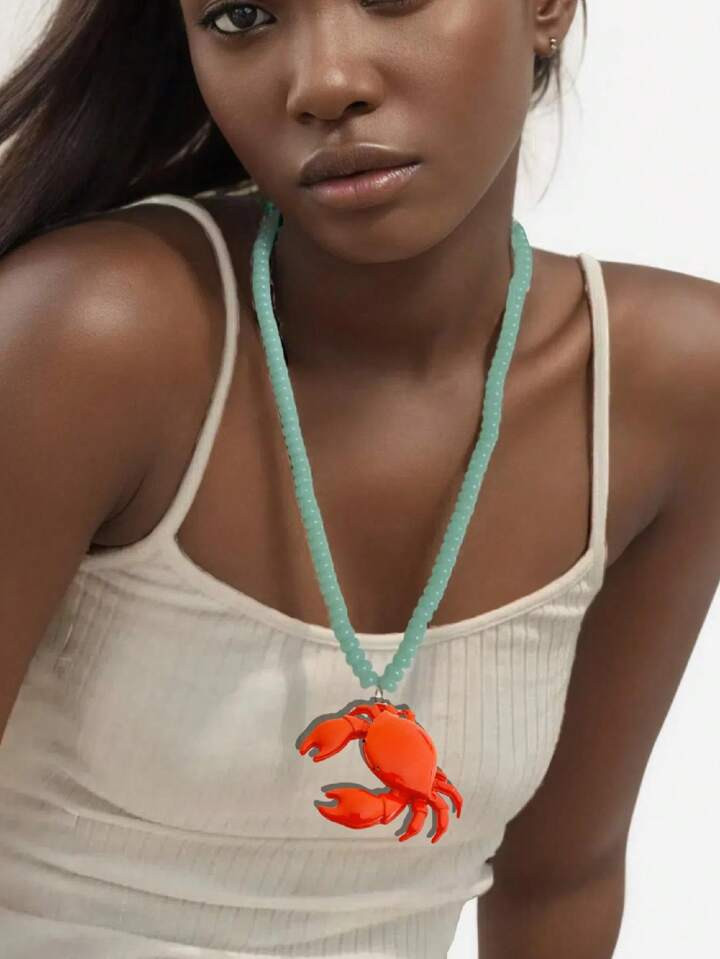 1pc eilandstijl metaal oceaan dier krab hanger met glazen kralen streng ketting, geschikt voor me... | SHEIN