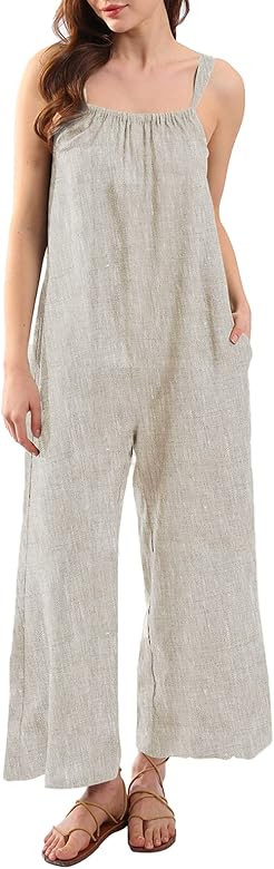 Amazhiyu Womens Pure Linen Loose Sleeveless Back Tie Wide Leg Jumpsuits with Pockets | Amazon (US)