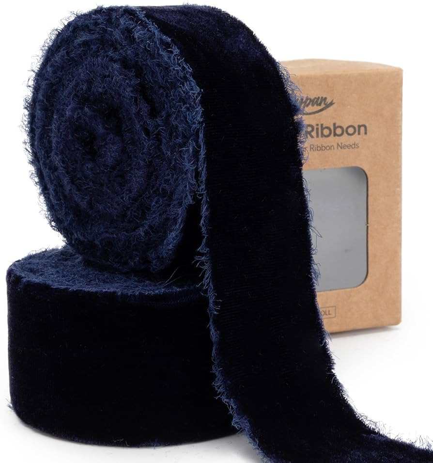 Navy Blue Velvet Ribbon 1-1/2 Inch x 6 Yd Handmade Frayed Vintage Ribbons for Christmas Tree Home... | Amazon (US)