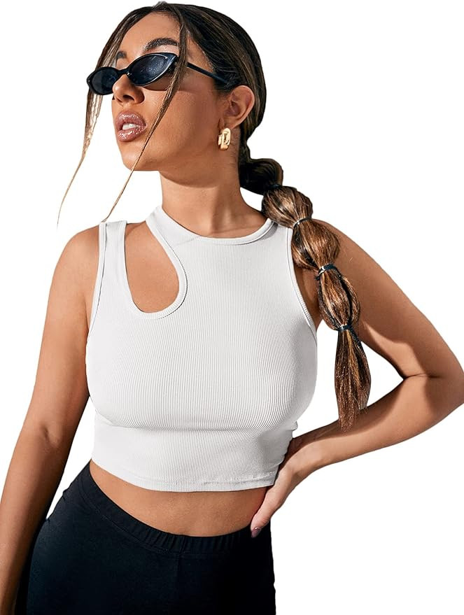 Verdusa Women's Cut Out Sleeveless Round Neck Slim Fitted Ribbed Tank Crop Top | Amazon (US)