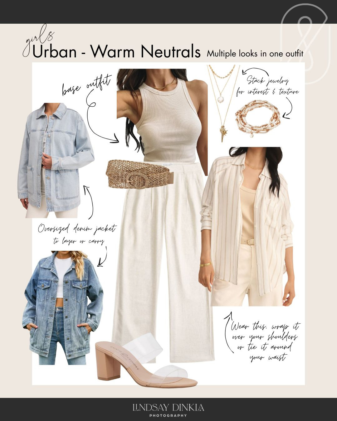 Get a variety of looks with just ONE outfit! 
This urban inspired outfit makes neutral colors look fabulous. Start with the base and add interest with a belt & jewelry stacks. Then layer with a linen button up and oversized denim jacket. Don't forget a classic sandal to really elevate your look.  #seniorgirlstyle #urbanlooks #neutraltones 

 #LTKStyleTip