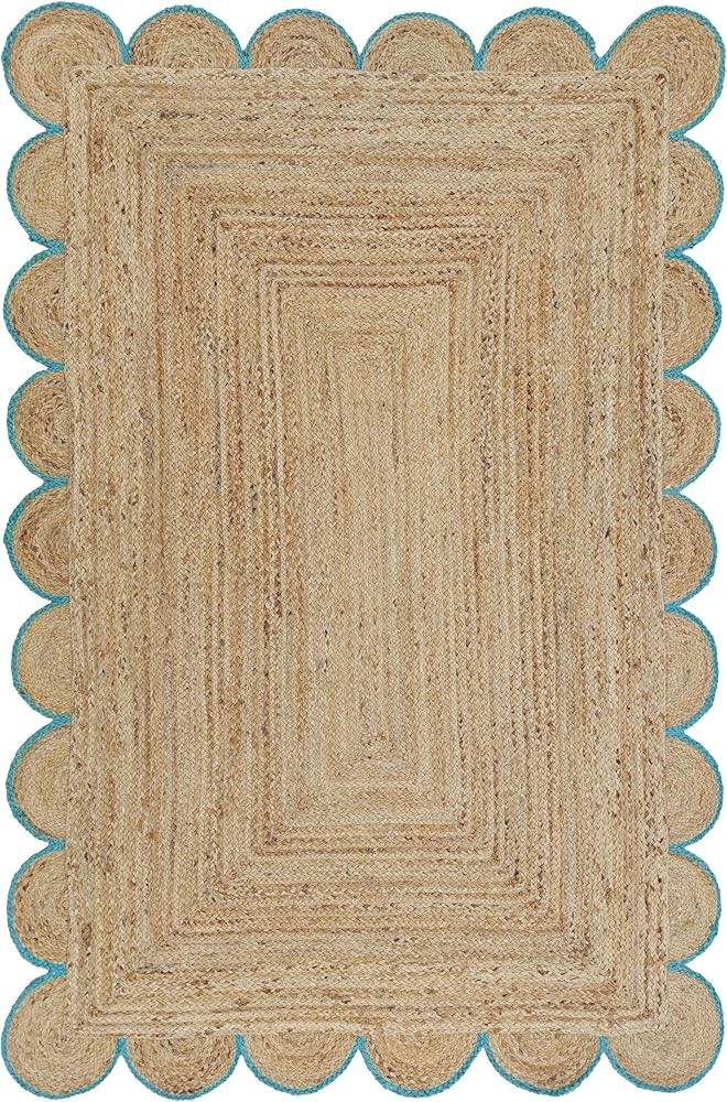 Boho Jute Area Rug for Home decore Rectangular Scalloped Vintage Jute Area Rug Carpet Teal 2' x 3... | Amazon (US)