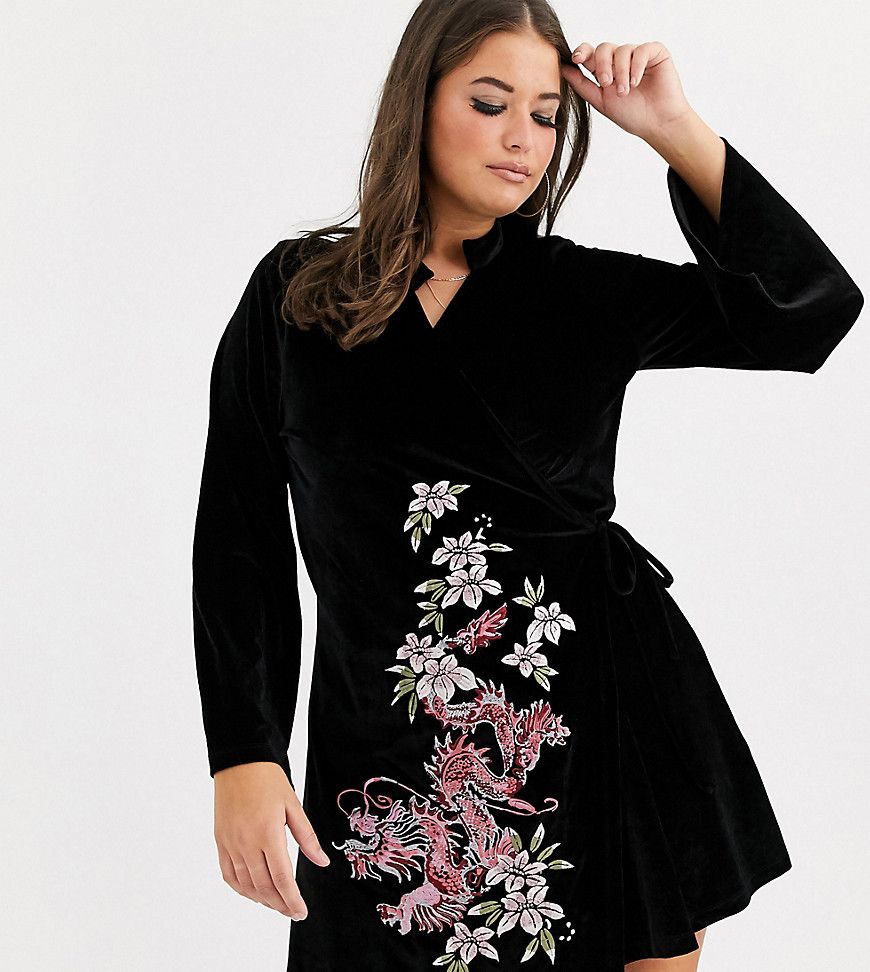 ASOS DESIGN Curve velvet embroidered kimono dress-Black | ASOS (Global)