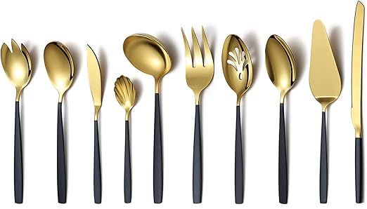 Black with Gold Silverware Serving Set 10 Pieces, Black Gold Flatware Serving Set, Serving Utensi... | Amazon (US)