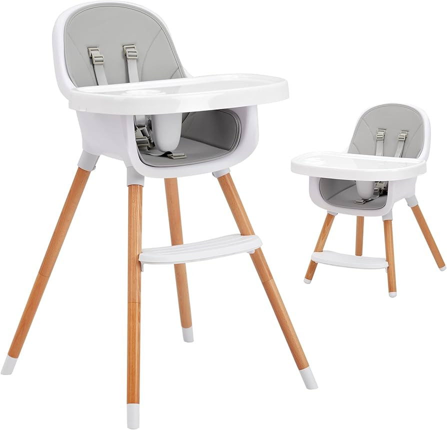 Baby High Chair, 4 in 1 Wooden Highchair/Booster/Chair with 2 Removable Dishwasher Safe Tray, Adj... | Amazon (US)