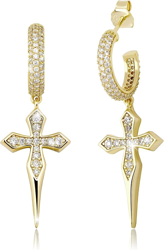 TOPGRILLZ Cross Hoop Dangle Earrings 925 Sterling Silver 5A+ Cubic Zirconia 14K Gold Hypoallergen... | Amazon (US)