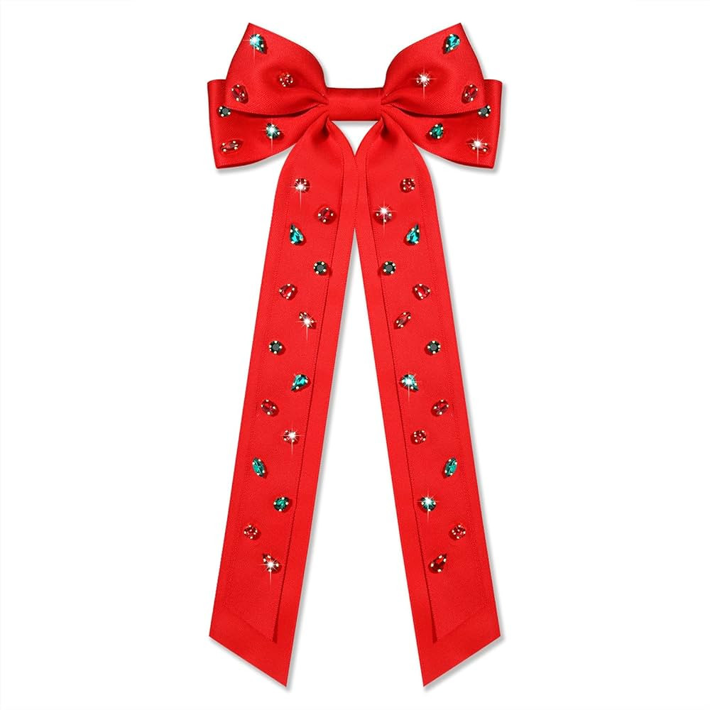 Christmas Hair Bows for Women Red Bows Long Tail Holiday Hair Ribbons Rhinestone Jeweled Christma... | Amazon (US)
