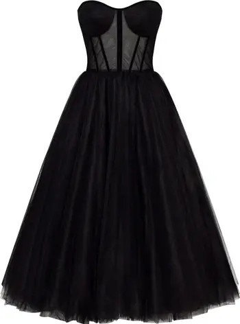 Black Strapless Puffy Midi Tulle Dress | Nordstrom