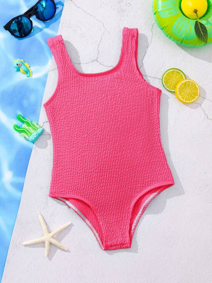 SHEIN Young Girl's Knitted Solid One Piece Swimsuit For Daily Casual Wear Summer Beach Swimming | SHEIN