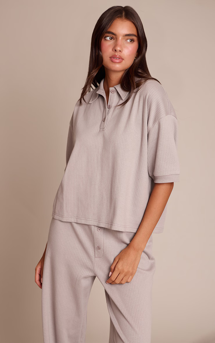 Ash Grey Button Up Rib T-shirt | PrettyLittleThing UK