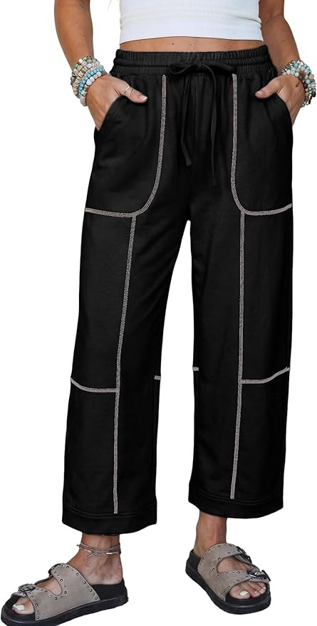 SCUSTY Womens Cropped Wide Leg Pants Drawstring Elastic High Waist Sweatpants with Pockets | Amazon (US)