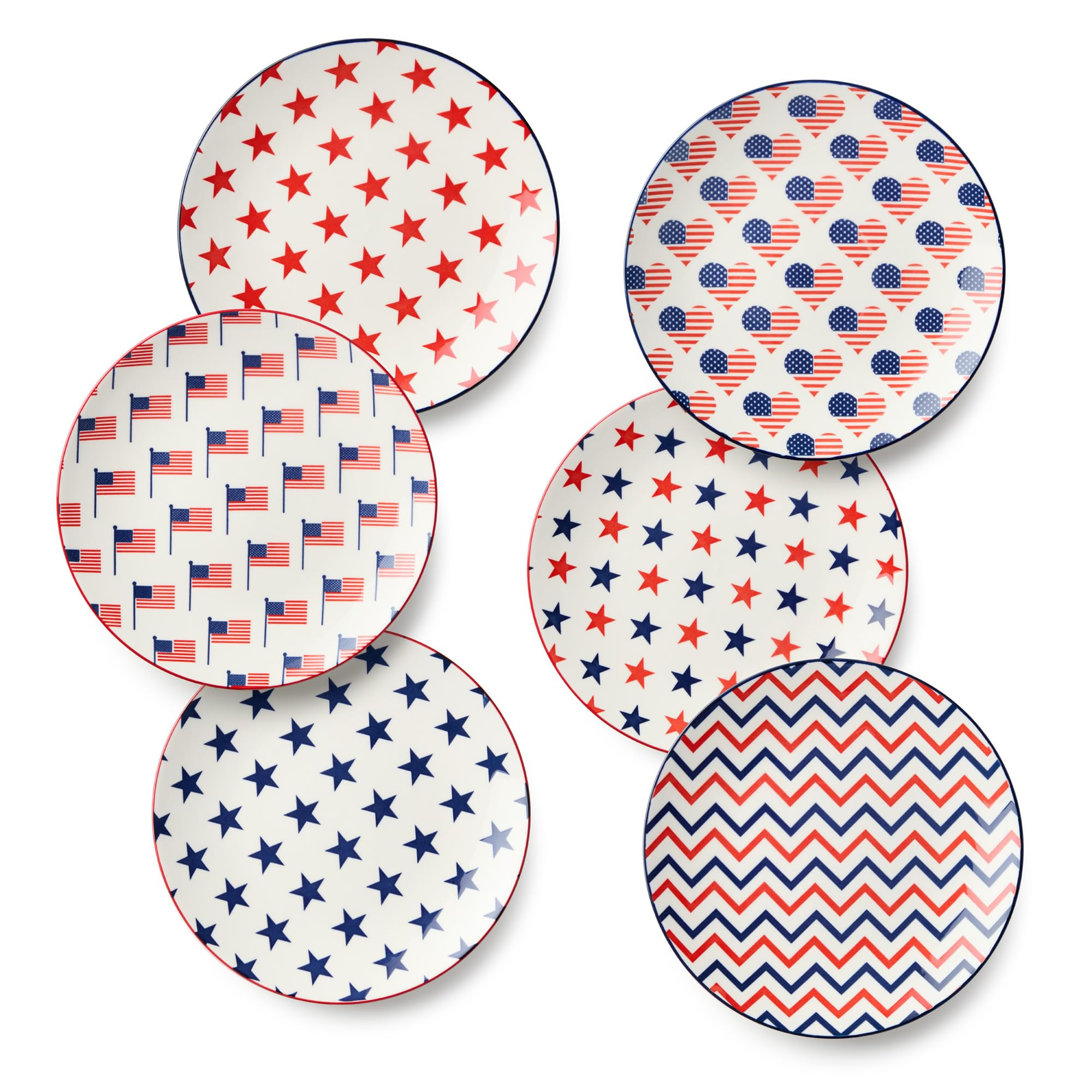 Patriotic Pad Print Porcelain SALAD/DESSERT PLATES SET of 6, 8.75 inch red white and blue assorte... | Amazon (US)