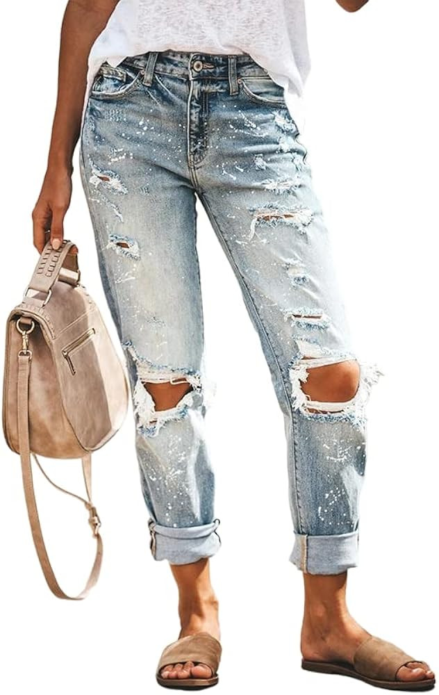 DIFIUPAI Womens Ripped Jeans Mid Rise Vintage Boy Friend Skinny Pants with Scrap High Stretch Denim  | Amazon (US)
