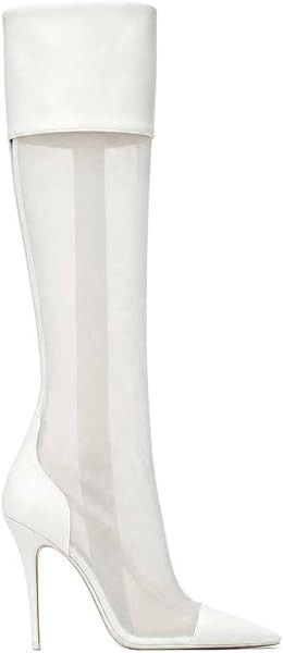 Women's Mesh Knee High Boots Snake Print Pointed Toe Stiletto Heel Boots | Amazon (US)