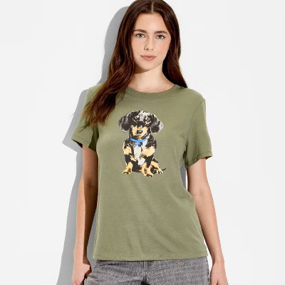 Women's Dachshund Dog Short Sleeve Graphic T-Shirt - Green M | Target