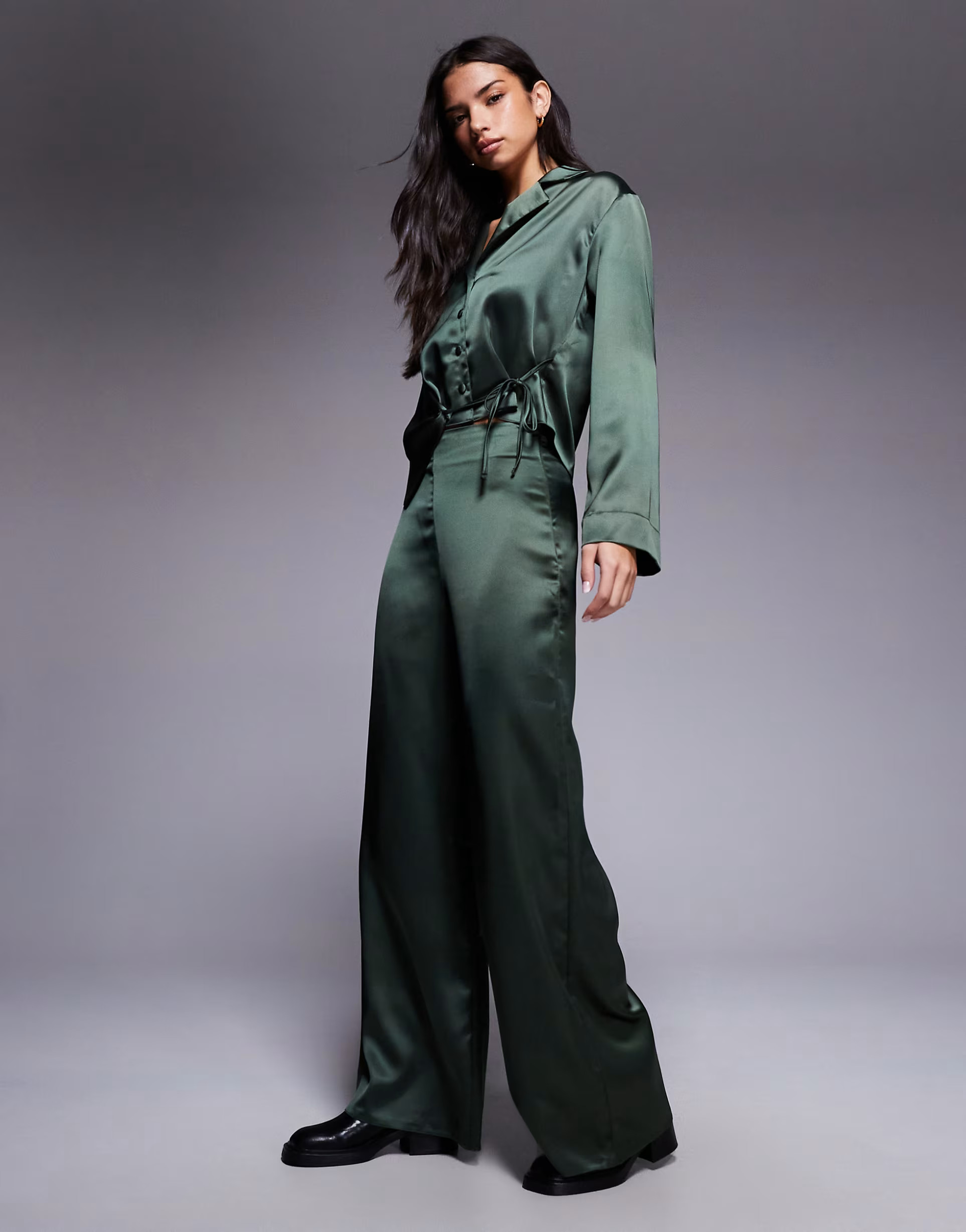 ASOS DESIGN satin wide leg pants in khaki - part of a set | ASOS (Global)