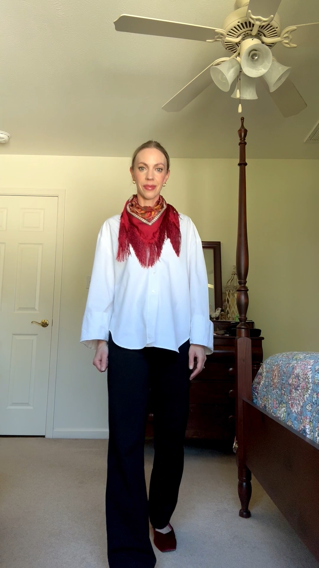 Teacher outfit, fall workwear, @Zara paisley fringe scarf, @Fitory velvet ballet flats