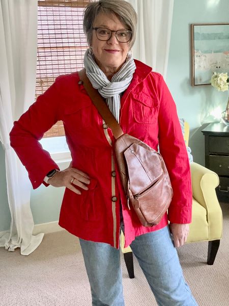 Lightweight red utility jacket is perfect for fall days! A cute scarf and comfy jeans. #utilityjacket #falloutift 

#LTKover40 #LTKstyletip
