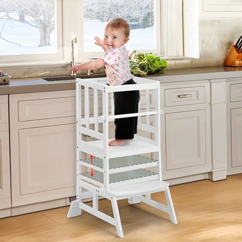 COSYLAND Kids Kitchen Step Stool, Height Adjustable Toddler Standing Tower Nursery Helper with CPC & FSC Certification, Removable Safety Railing Enjoys Exclusive Paten，White | Amazon (US)