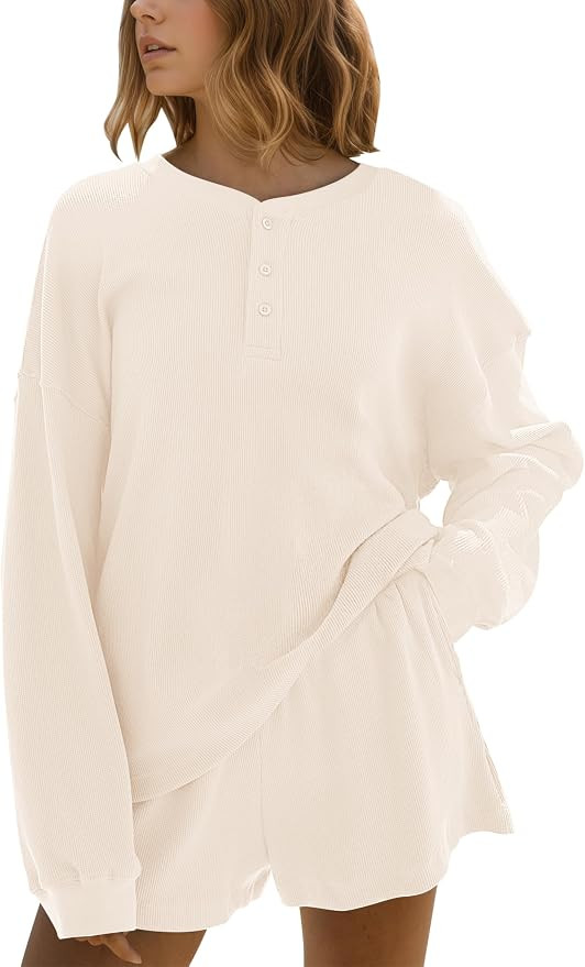 Dsewpaur Women Waffle Knit Lounge Set Oversized Henley Sweatshirt and High Waist Resort Shorts 2 ... | Amazon (US)