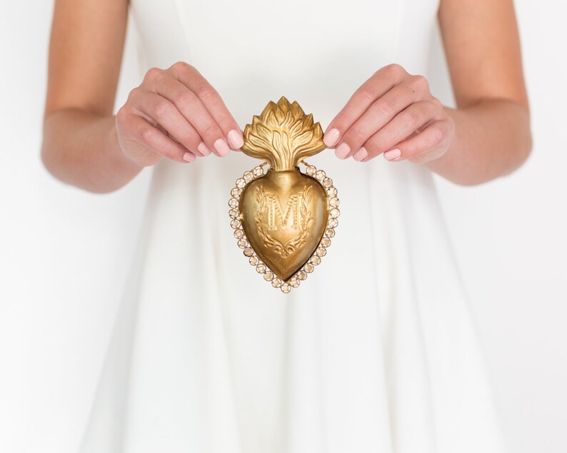 Sacred Heart, Rhinestone M, Heart Milagro, Gold Heart with distressed crystals | Etsy (US)