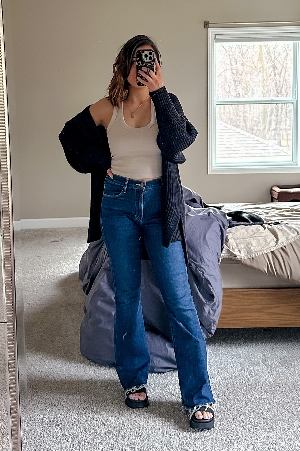 Casual 90’s inspired spring outfit - m tank (15% off + add’l 15% off with code AFVIVIANE), xs cardigan, 28 flare jeans, sandals tts - sandals 30% off with code SPRING

#LTKsalealert #LTKSeasonal #LTKshoecrush