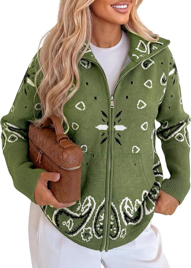 Cicy Bell Women Zip Up Cardigan Sweater Stand Collar Knit Printed Sweater | Cardigan With Bandana... | Amazon (US)