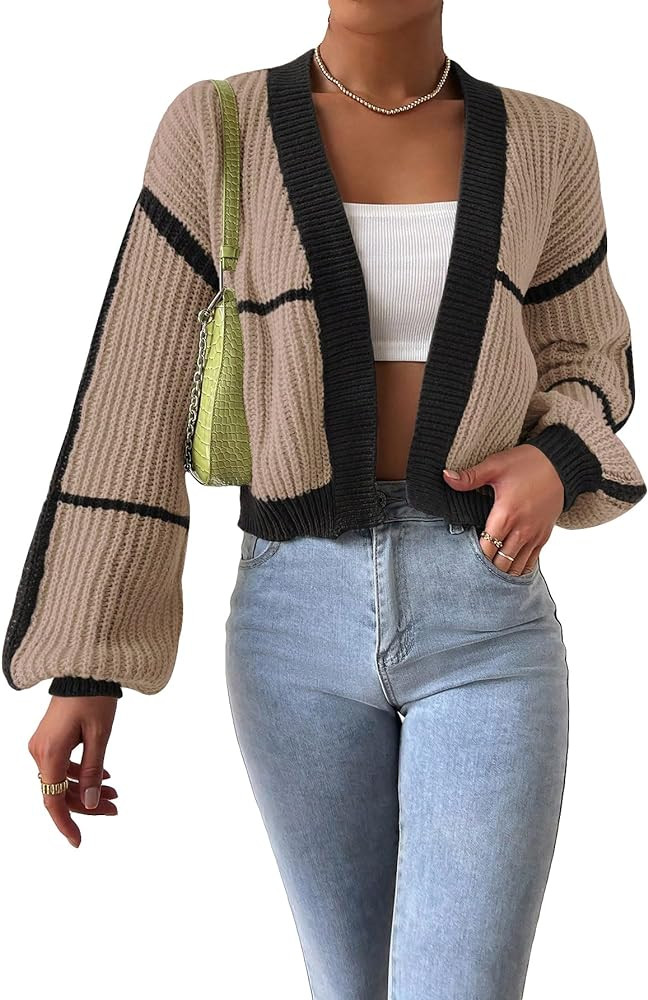 COZYEASE Women's Color Block Cropped Cardigan Sweaters for Women Bishop Chunky Knit Long Sleeve O... | Amazon (US)