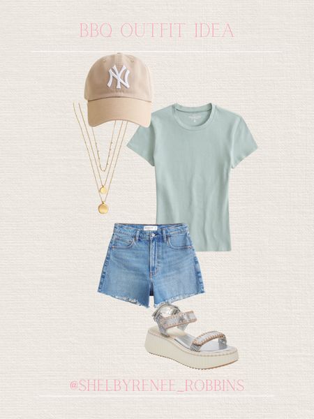 Summer time outfit, bbq outfit, casual spring outfit, spring ootd, ribbed basic tee, sage green tee, mom style denim shorts, baseball hat, platform sandals, white sandals, silver sandals, dolce vita sandals, gold layered necklace, neutral baseball hat 

#LTKShoeCrush #LTKStyleTip #LTKSeasonal