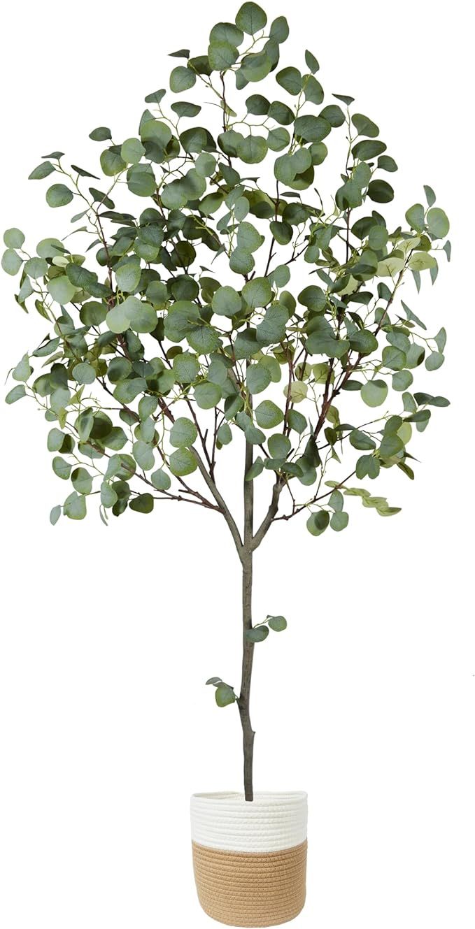 Homeplants Artificial Eucalyptus Tree, 6ft Fake Silver Dollar Leaves Plant with Woven Basket, Sil... | Amazon (US)