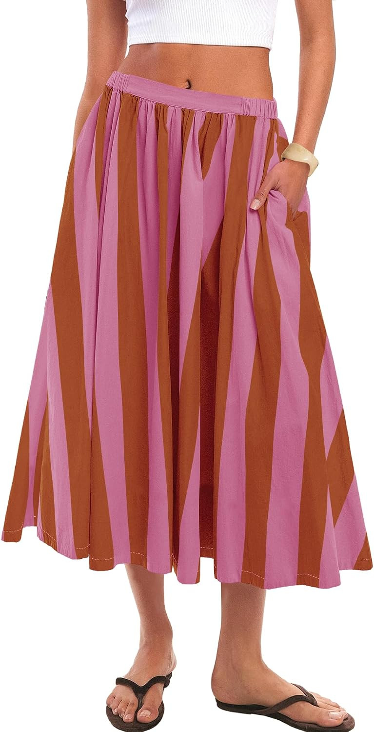 Panadila Women Striped Midi Skirt High Waisted Flowy Summer Skirt | Amazon (US)